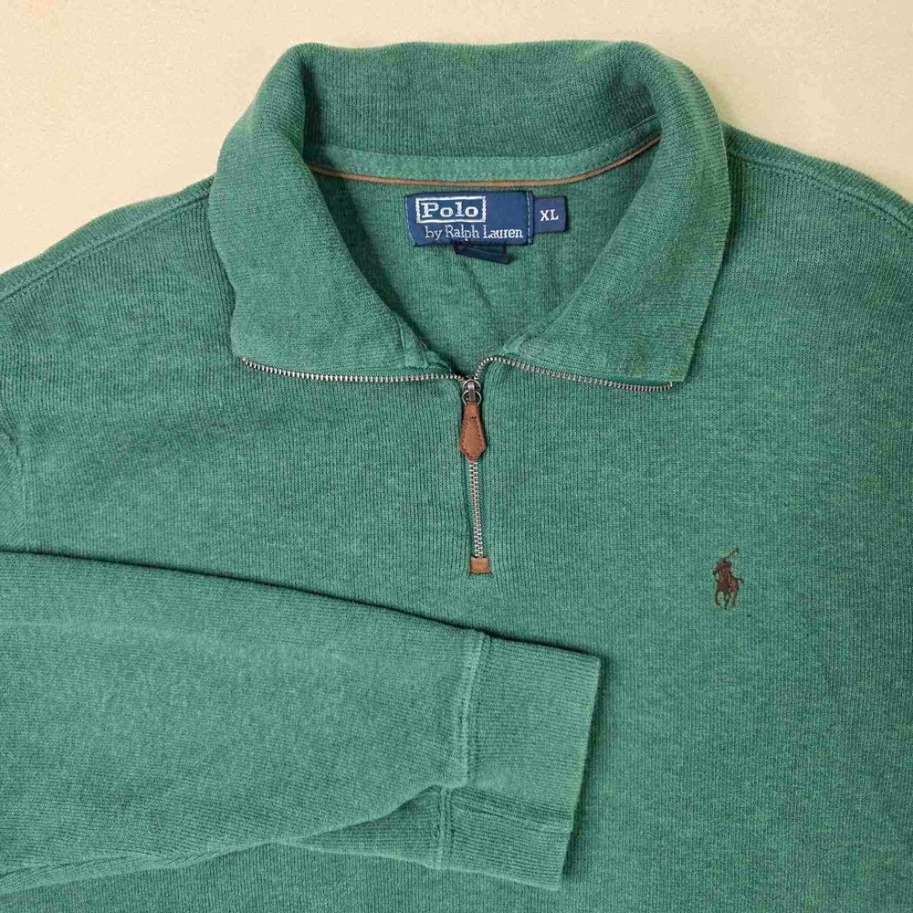Polo Ralph Lauren Mens XL Quarter Zip Pullover Heather Teal Green Cotton Sweater